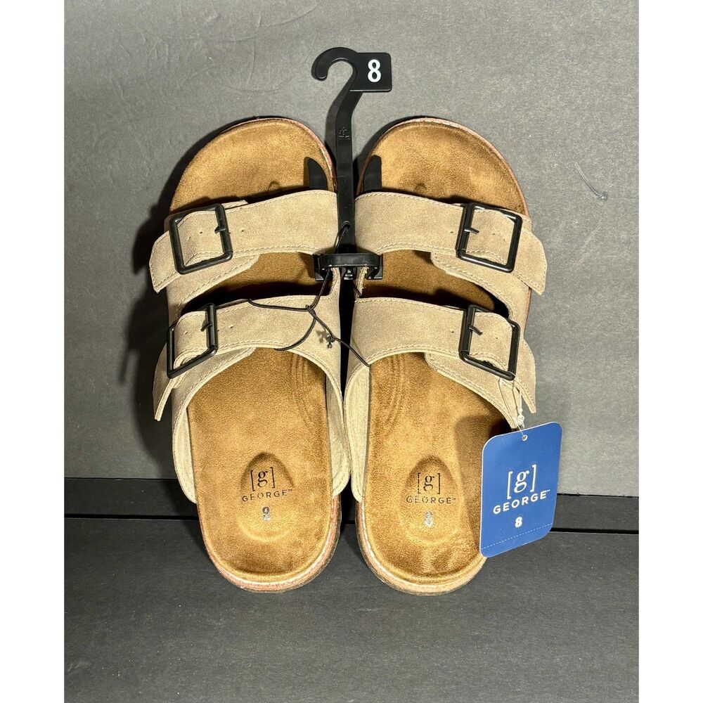 George Men's Sandals Size 8 Brown Double Buckle Comfort Footbed Slides NWT